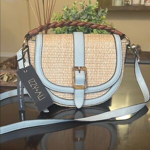 Tan and Blue Crossbody Bag with Gold Buckle